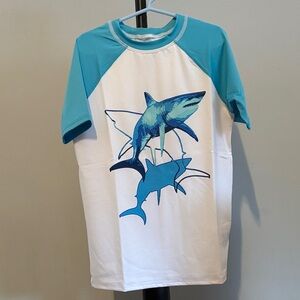 Boys Short Sleeve Shark Rash Guard - Teal & White Swim Shirt